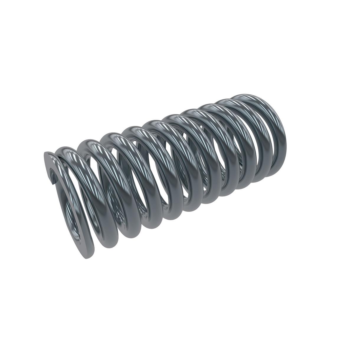 Stainless steel compression spring with tight coils shown at an angle against white background.
