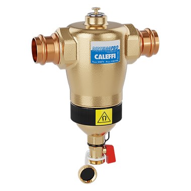 Brass DirtMagPRO magnetic separator with copper press connections, drain valve, and red shutoff lever.