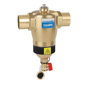 Brass water filter with blue Caleffi label, black band, yellow warning symbol, and red shutoff valve at bottom.