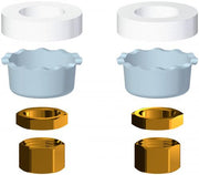 Chicago Faucets pre-pack components including white tape, light blue basin bowls, and brass hex nuts.