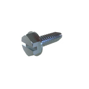 Metal screw with slotted hex head and threaded shaft on white background.