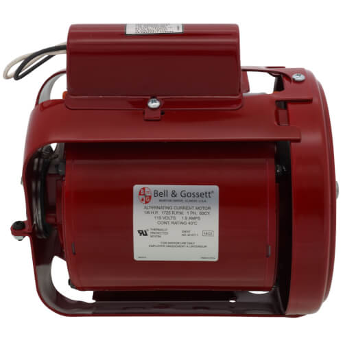 Bell & Gossett red cylindrical motor with black power cord and mounting bracket.