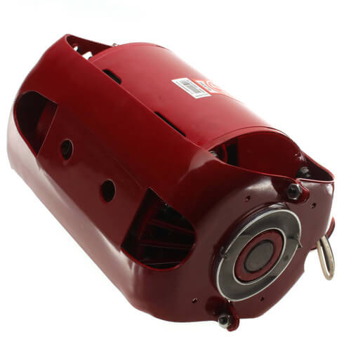 Red cylindrical pump motor with cooling vents, mounting feet, and threaded outlet connection on front.