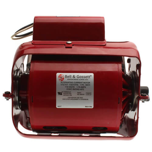 Bell & Gossett Series 100 red recirculating pump motor with attached power cord and mounted feet.