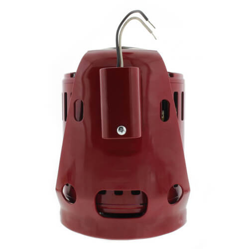 Red cylindrical pump motor with metal wire connector loop at top and ventilation slots on sides.