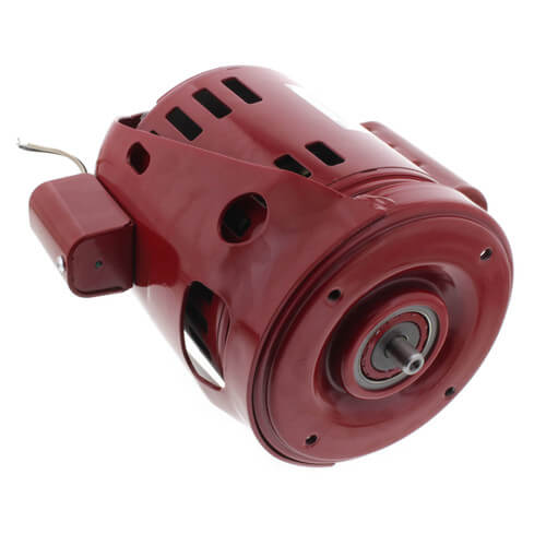Red recirculating pump motor with ventilation slots and power cord attached.