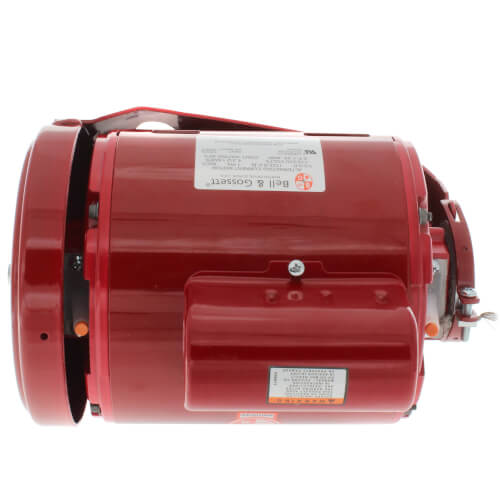 Red cylindrical recirculating pump motor with specification label and mounting brackets on side.
