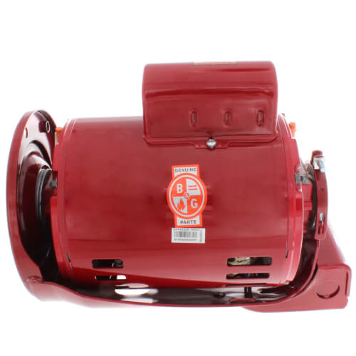 Red Bell & Gossett recirculating pump motor with dual flanged ends and manufacturer label on cylindrical housing.