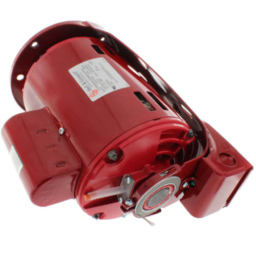 Red cast iron electric motor with mounting feet, specification label, and terminal box visible on side.