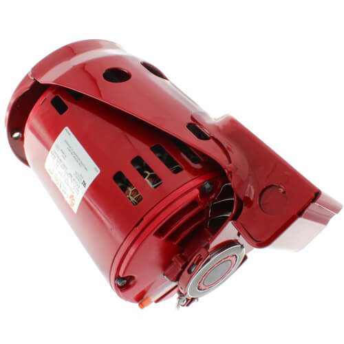 Red cylindrical motor with nameplate, ventilation slots, and terminal box on side, mounted at angle.