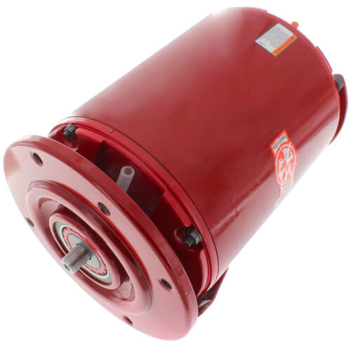 Red cylindrical 3/4 HP 3-phase electric motor with mounting flange and nameplate label.