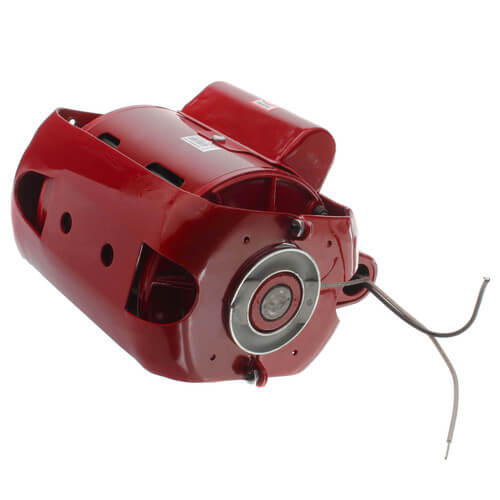 Red electric motor with cylindrical body, ventilation holes, front-mounted circular housing, and gray power cord.
