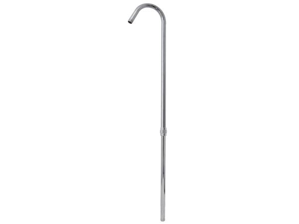 Chrome shower riser with curved spout and straight vertical pipe for wall mounting.