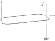 Chrome add-on shower riser with curved rail and overhead showerhead, mounted to bathtub faucet.