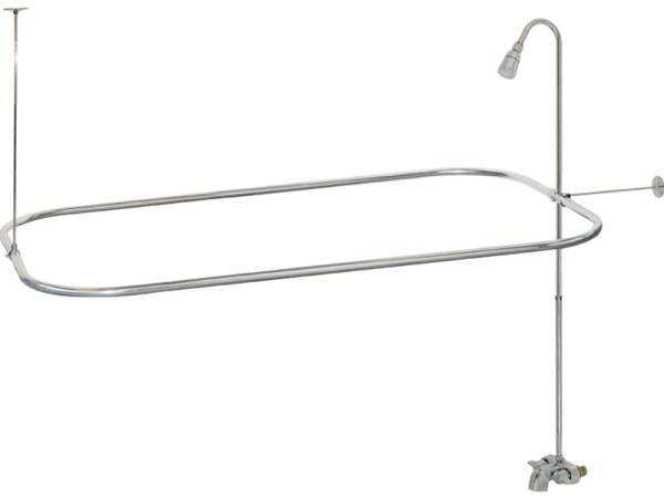 Chrome add-on shower riser with curved rail and overhead showerhead, mounted to bathtub faucet.