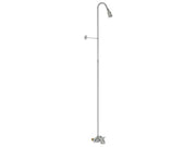 Chrome shower riser with curved showerhead arm and control valve on vertical pipe.