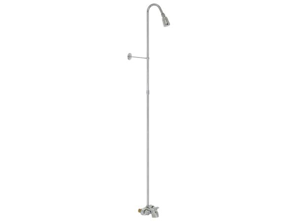 Chrome shower riser with curved showerhead arm and control valve on vertical pipe.