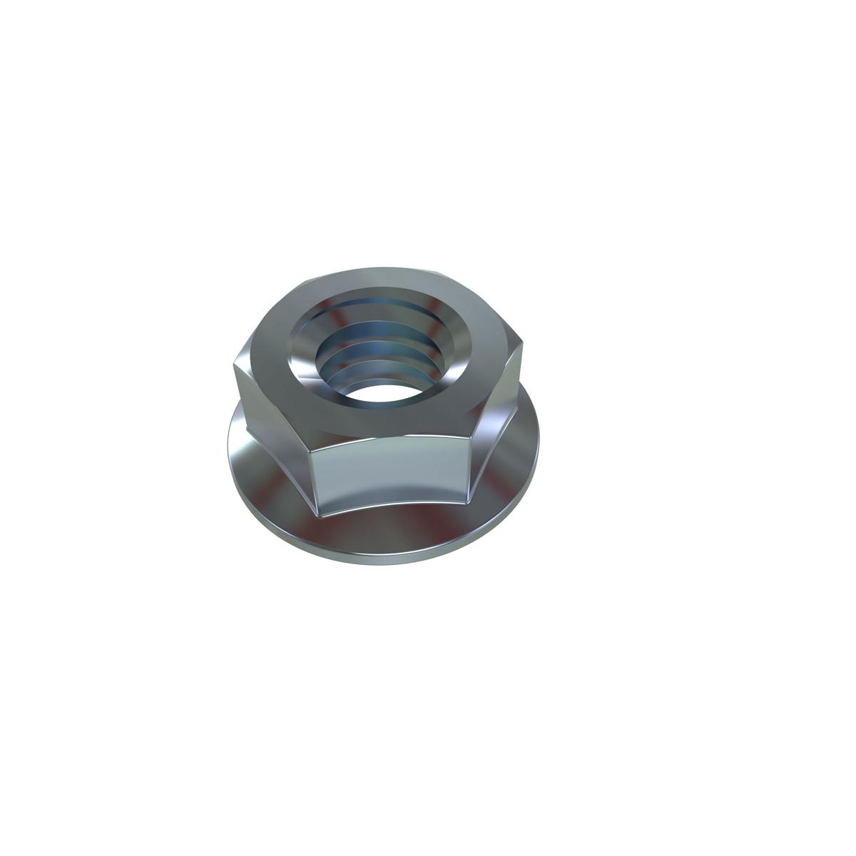 Serrated hex head nut with threaded center hole and flanged base in metallic finish.