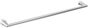 Chrome towel bar with angular end brackets mounted horizontally.