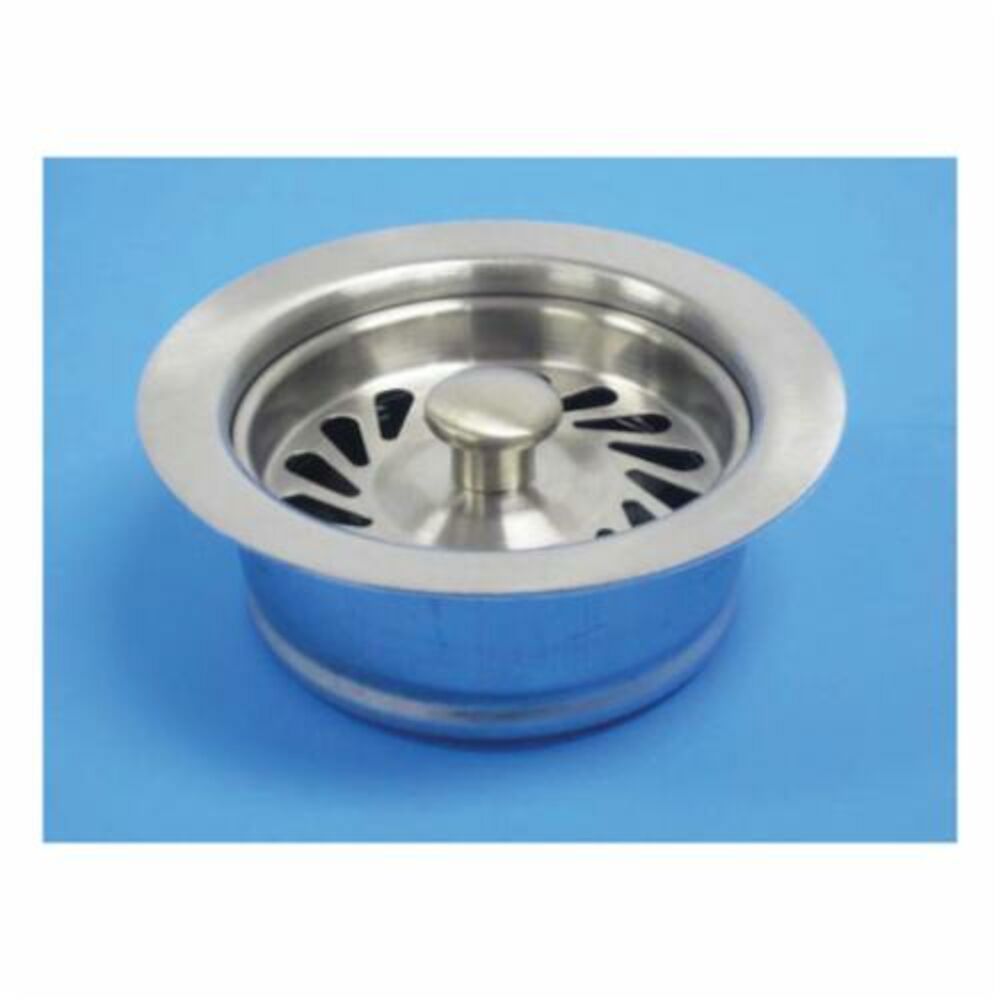Brushed stainless steel disposal flange with strainer basket and center post on blue background.