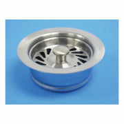 Brushed stainless steel disposal flange with strainer basket and center post on blue background.
