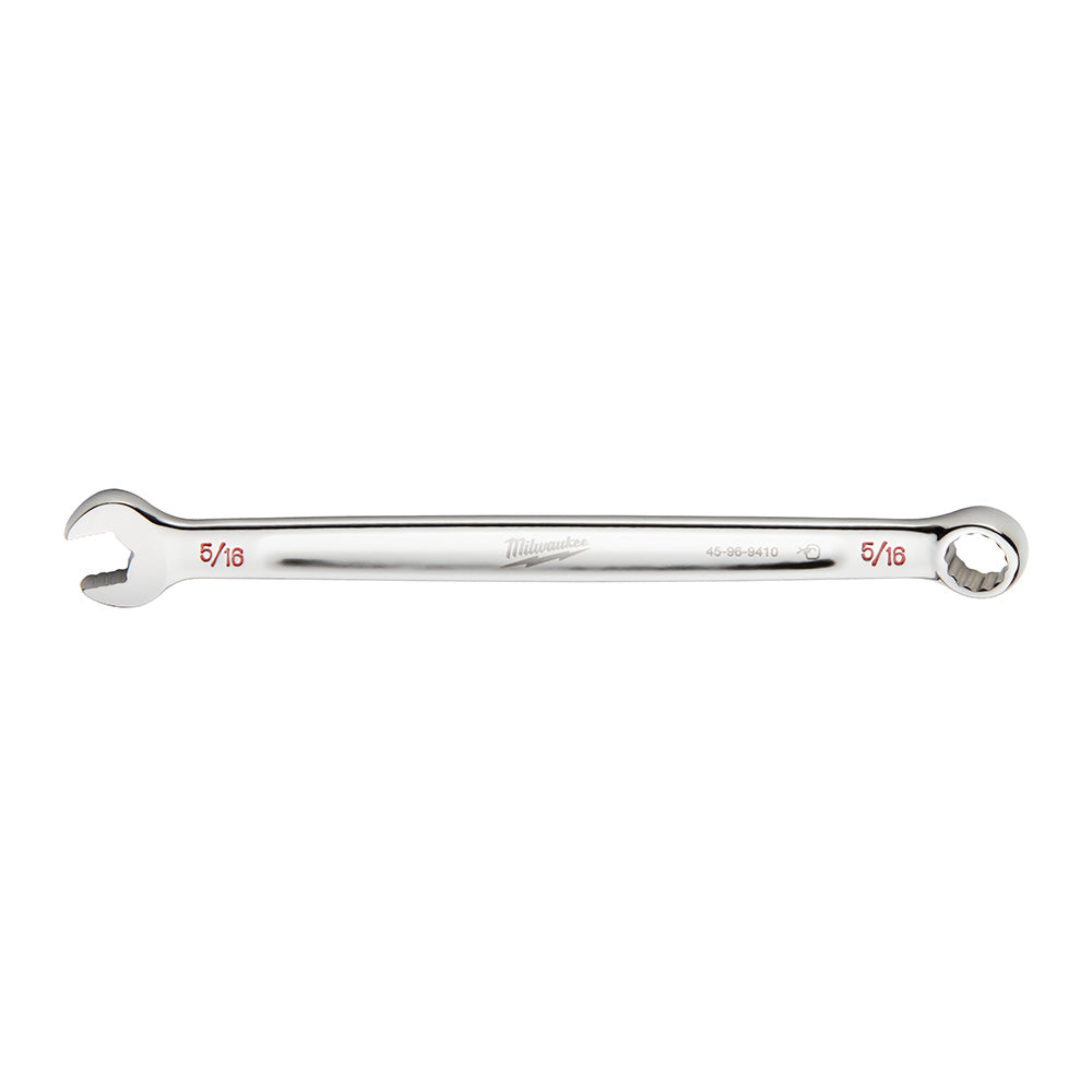 Silver combination wrench with open jaw on left end and closed ring on right end, marked 5/16 inch on both sides.