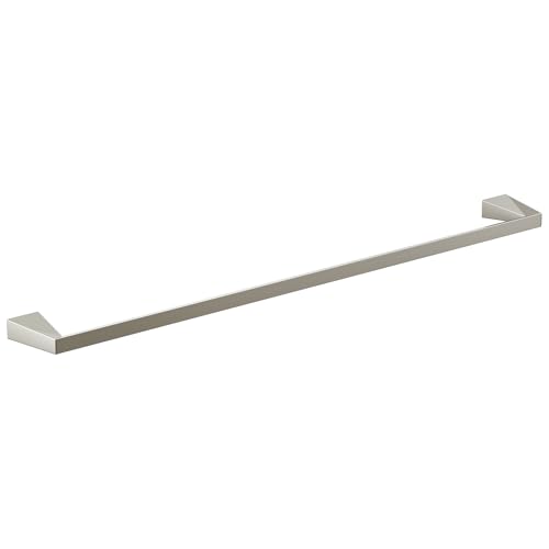 Brushed nickel towel bar with rectangular mounting brackets at each end.