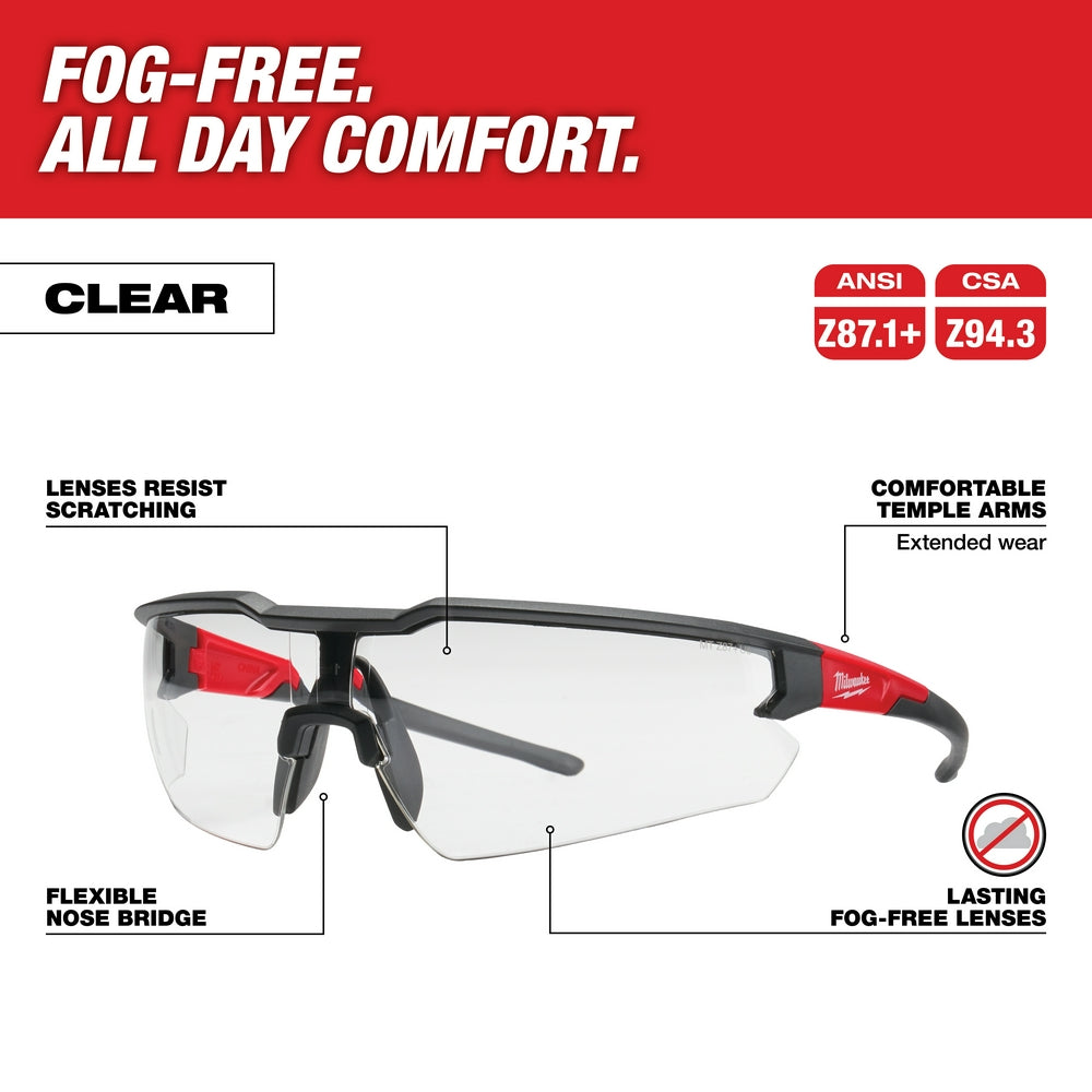 Milwaukee safety glasses with clear lenses, black frame, red temple arms, flexible nose bridge, and labeled features highligh