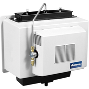 White GeneralAire humidifier unit with black top reservoir, curved metal inlet tube, and ventilation grilles on front panel.