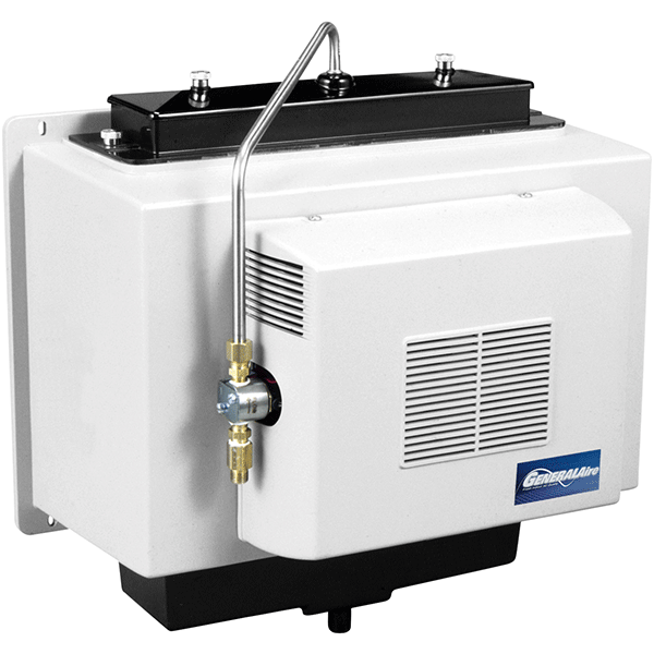 White GeneralAire humidifier unit with black top reservoir, curved metal inlet tube, and ventilation grilles on front panel.