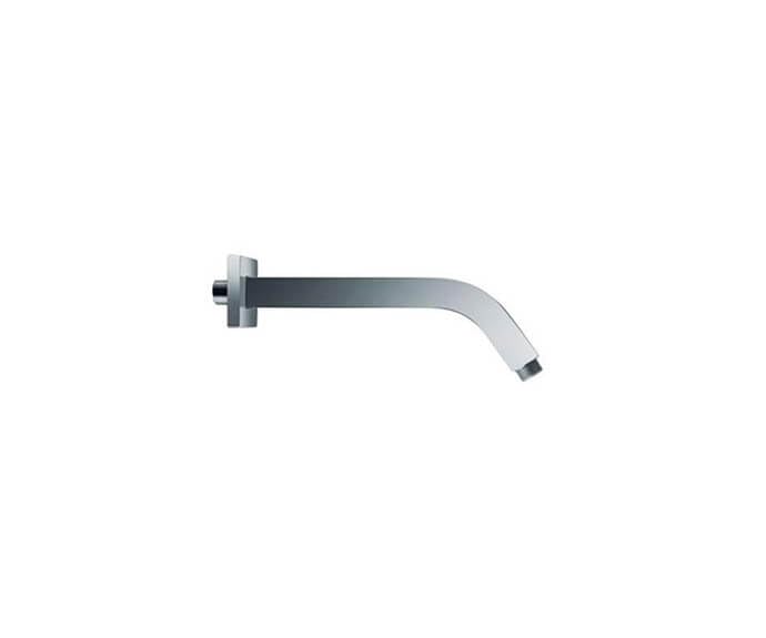 Matte black square shower arm with 45-degree bend and wall-mounted connector.