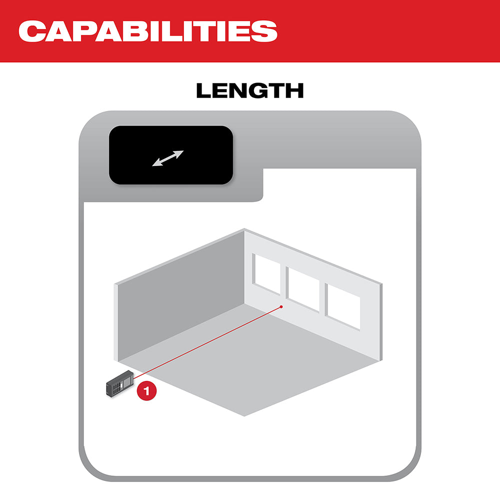 Milwaukee laser distance meter displaying length measurement capability in an interior room setting.