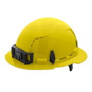 Yellow hard hat with full brim, vented crown, black ratcheting suspension band, and chin strap.