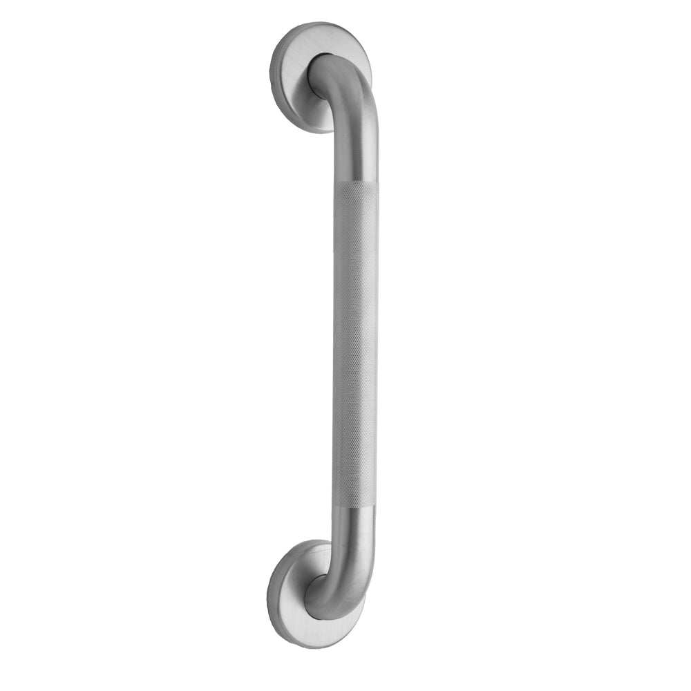 Stainless steel grab bar with knurled grip surface and circular wall-mounted flanges at each end.