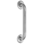 Stainless steel grab bar with curved cylindrical tube and circular flanges at each end.