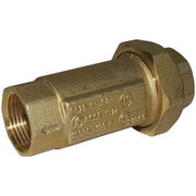 Brass dual check valve with 1/2" threaded inlet and union connection, forged construction with internal spring mechanisms.