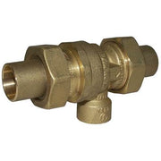 Brass backflow preventer with 1/2 inch female threaded ports and atmospheric vent outlet on bottom.