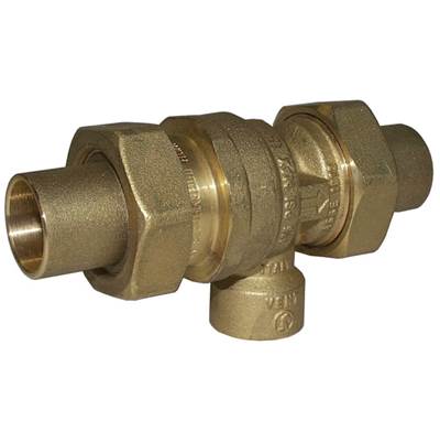 Brass backflow preventer with 1/2 inch female threaded ports and atmospheric vent outlet on bottom.