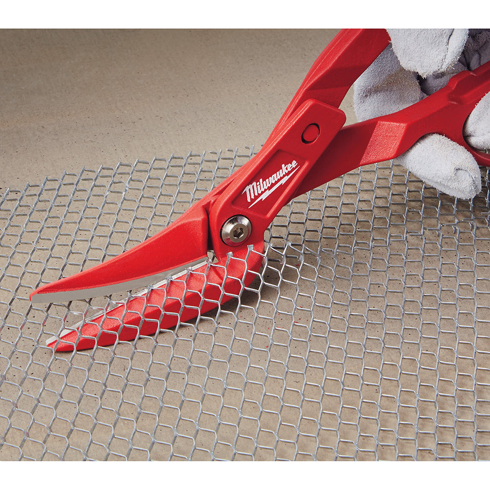Red Milwaukee offset compound tin snips with serrated blades and offset handle design.