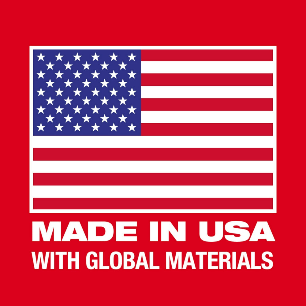 American flag with "Made in USA with Global Materials" text on red background.