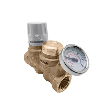 Brass thermal balancing valve with gray cap, adjustable knob, and attached temperature gauge.