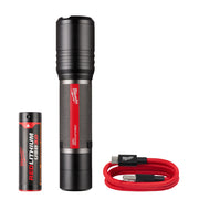 Black cylindrical flashlight with red accents, Red Lithium battery, and red USB charging cable.