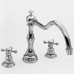 Newport Brass 3-hole roman tub faucet with curved spout and cross handles in oil rubbed bronze finish.
