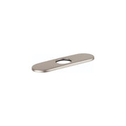 Brushed nickel oval base plate with single center hole for faucet installation.
