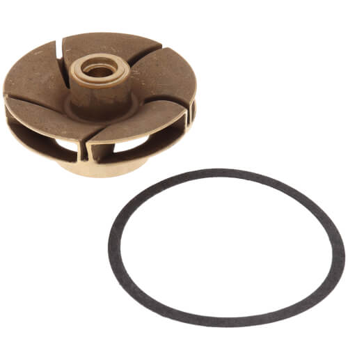 Bronze circular impeller with center hub and curved vanes, shown with black rubber gasket seal.
