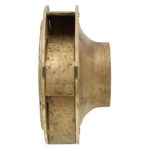 Brass pump impeller with curved blades and cylindrical center hub, shown from side view.