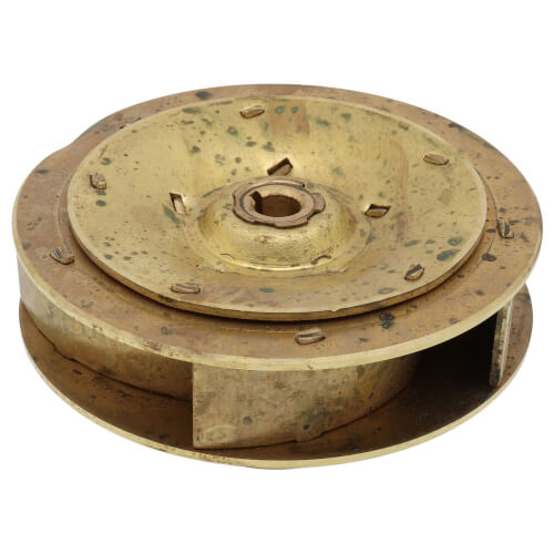 Brass pump impeller with curved vanes, central bore opening, and curved discharge outlet on side.