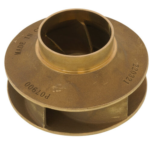 Brass pump impeller with 3-7/8 inch diameter, featuring curved internal blades and central shaft opening.