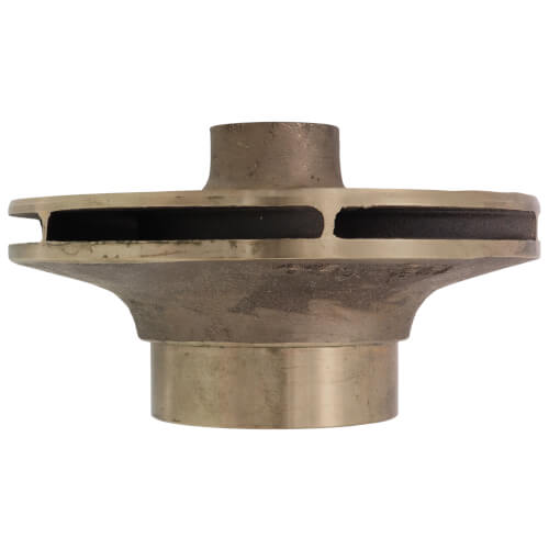 Brass impeller with 6-inch diameter, two curved blades, and central cylindrical shaft mount.