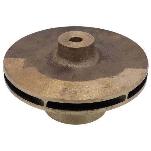 Brass impeller with 6-inch diameter, central mounting hub, and curved blade slots for pump circulation.